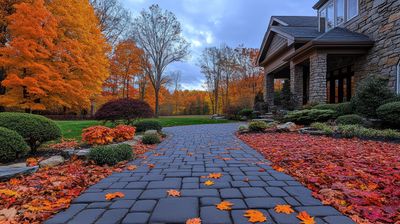 Autumn leaves piled on a Columbus Ohio front lawn and driveway